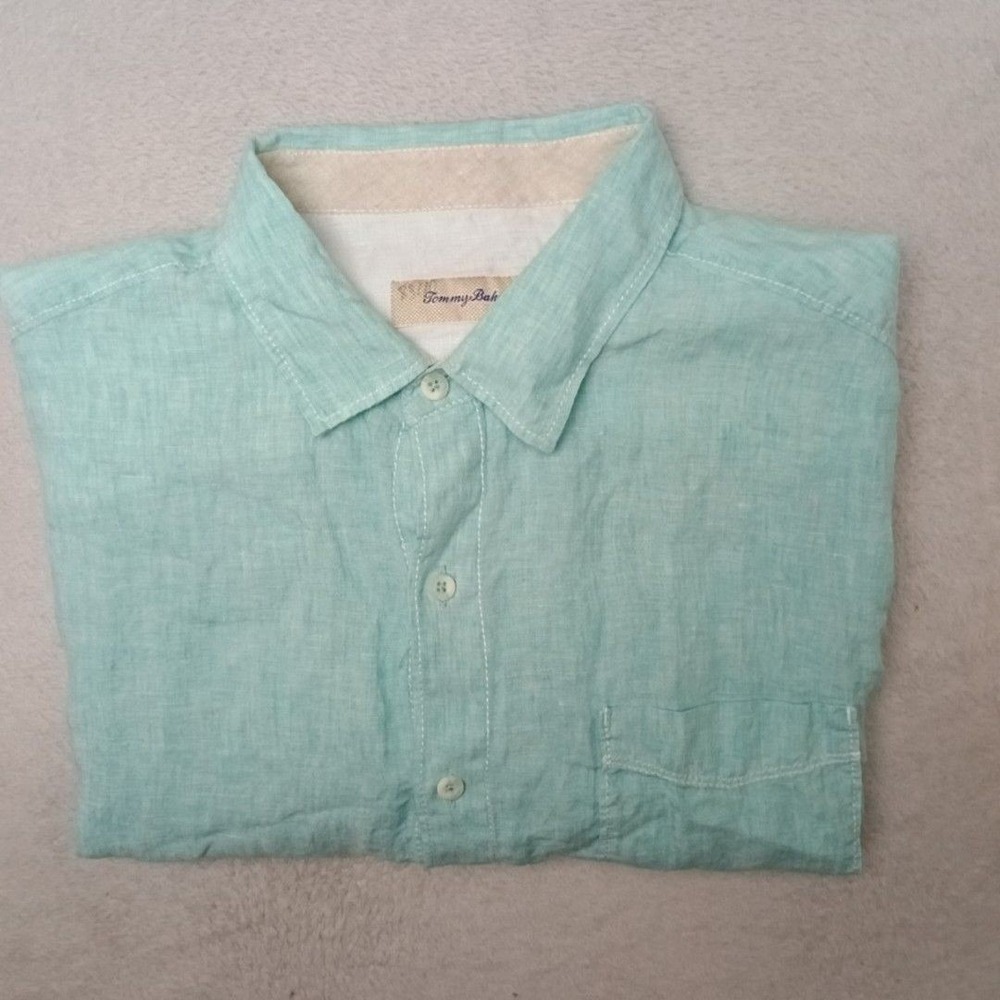 Tommy Bahama Shirt Mens L Green Linen Party Breezer Button-Up Short Sleeve